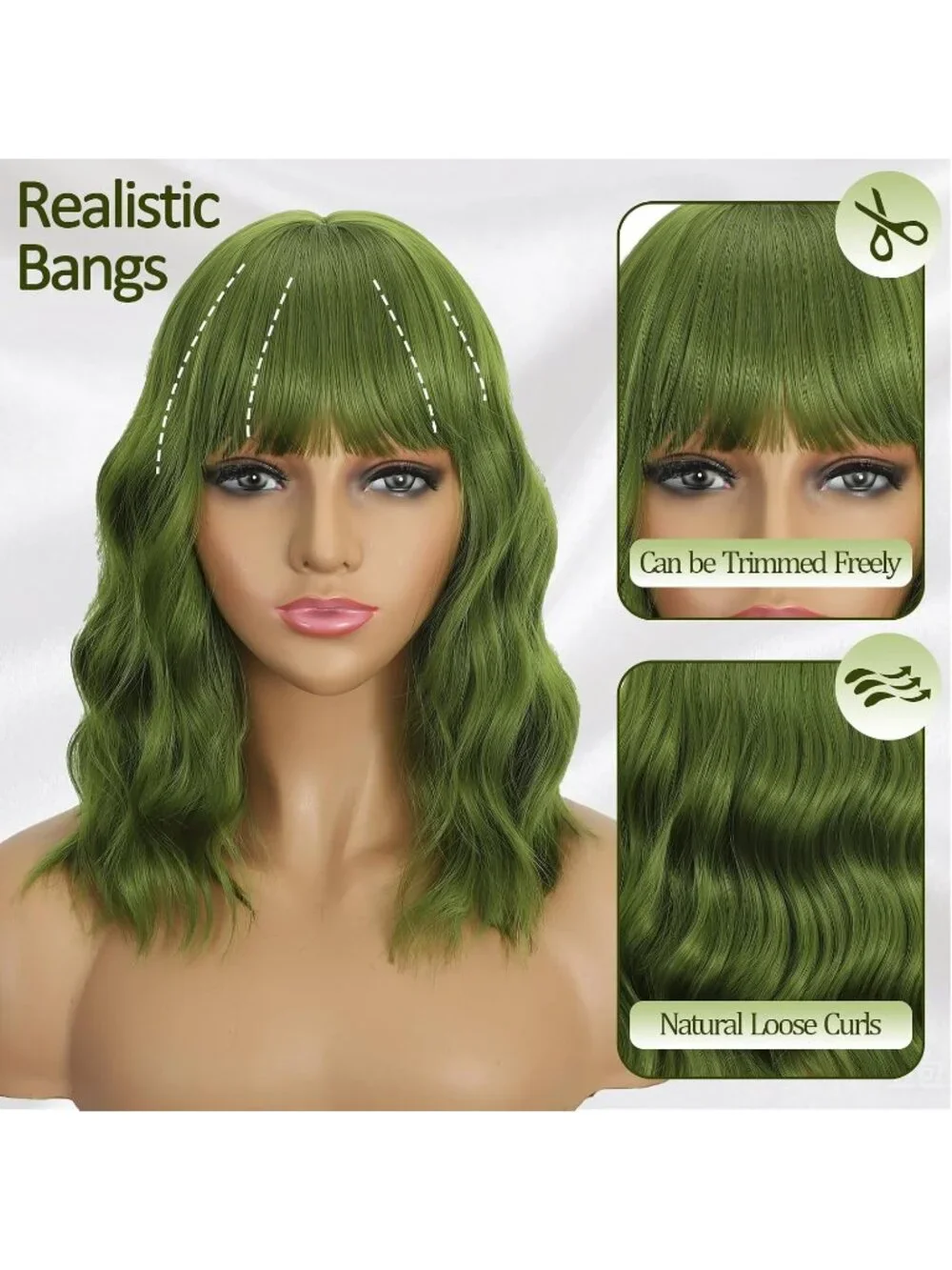 Women's Green 14 Inch Heat Resistant Synthetic Short Wavy Bob Wigs Bangs
